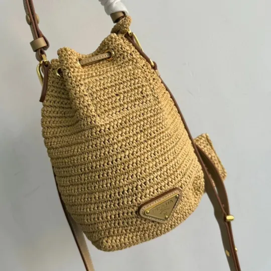 PRADA プラダ◆ラフィア×レザー ミニバケットバッグ ストラップ付 15*19*10CM 240920 - 画像 (7)