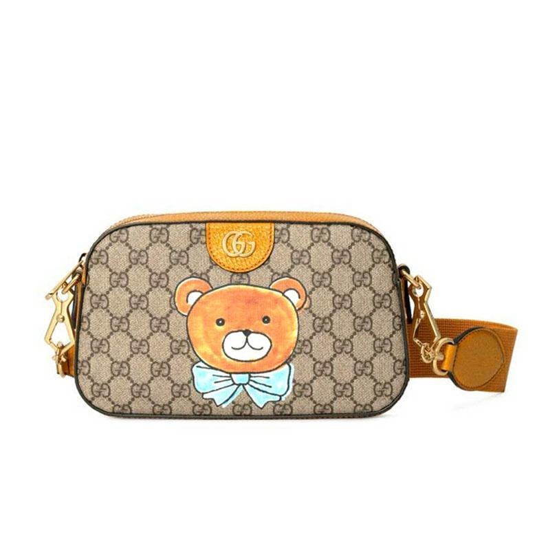 【GUCCI×KAIジョイントモデル】グッチ テディベアプリント キャンバス&レザー ワンショルダー斜めカメラバッグ ベージュ エボニー