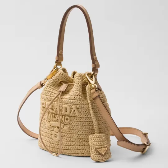 PRADA プラダ◆ラフィア×レザー ミニバケットバッグ ストラップ付 15*19*10CM 240920 - 画像 (3)