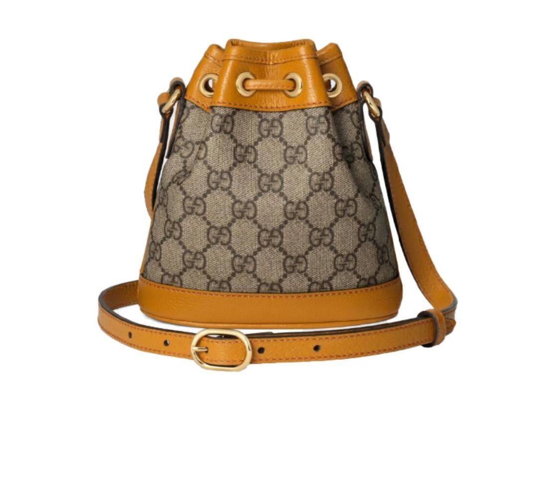 【GUCCI×KAIジョイントモデル】グッチテディベアプリントキャンバス&レザー巾着バケットバッグミニベージュ/エボニー - 画像 (3)