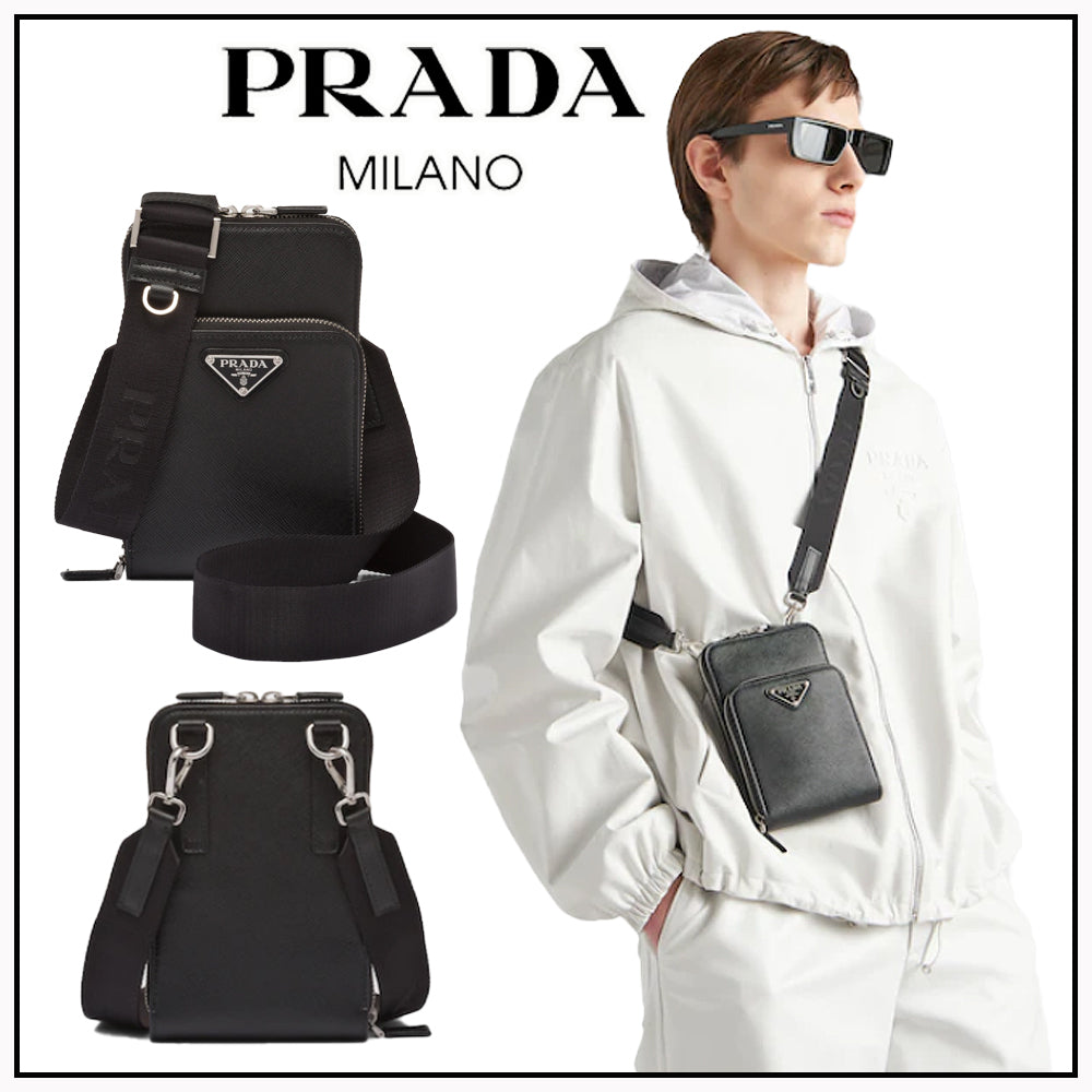 PRADA*ロゴ サフィアーノレザー スマートフォンケース ブラック - 画像 (7)