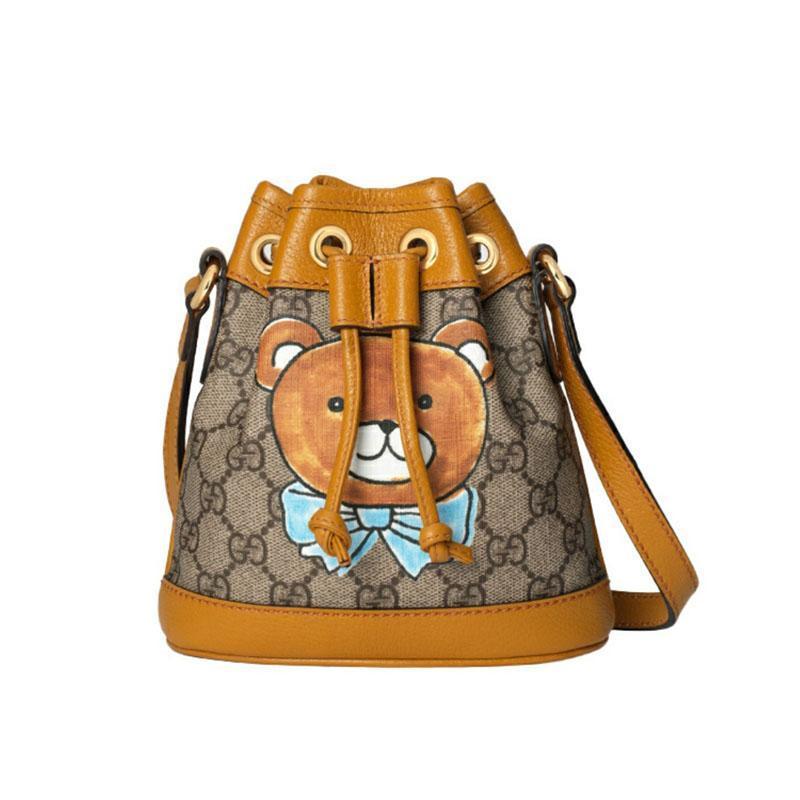【GUCCI×KAIジョイントモデル】グッチテディベアプリントキャンバス&レザー巾着バケットバッグミニベージュ/エボニー - 画像 (6)