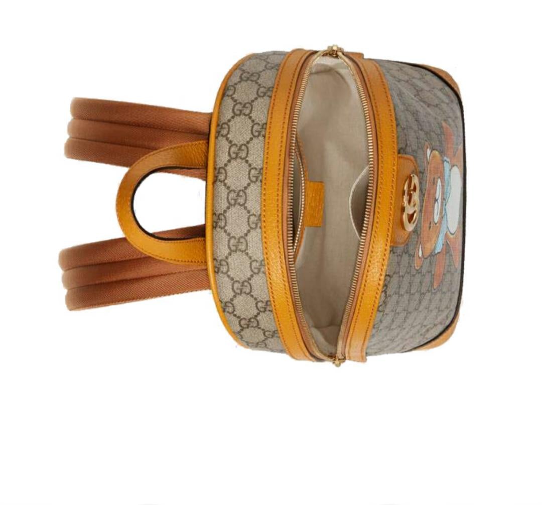 【GUCCI×KAIジョイントモデル】グッチテディベアプリントキャンバス&レザーバックパックスクールバッグ ベージュ エボニー - 画像 (5)