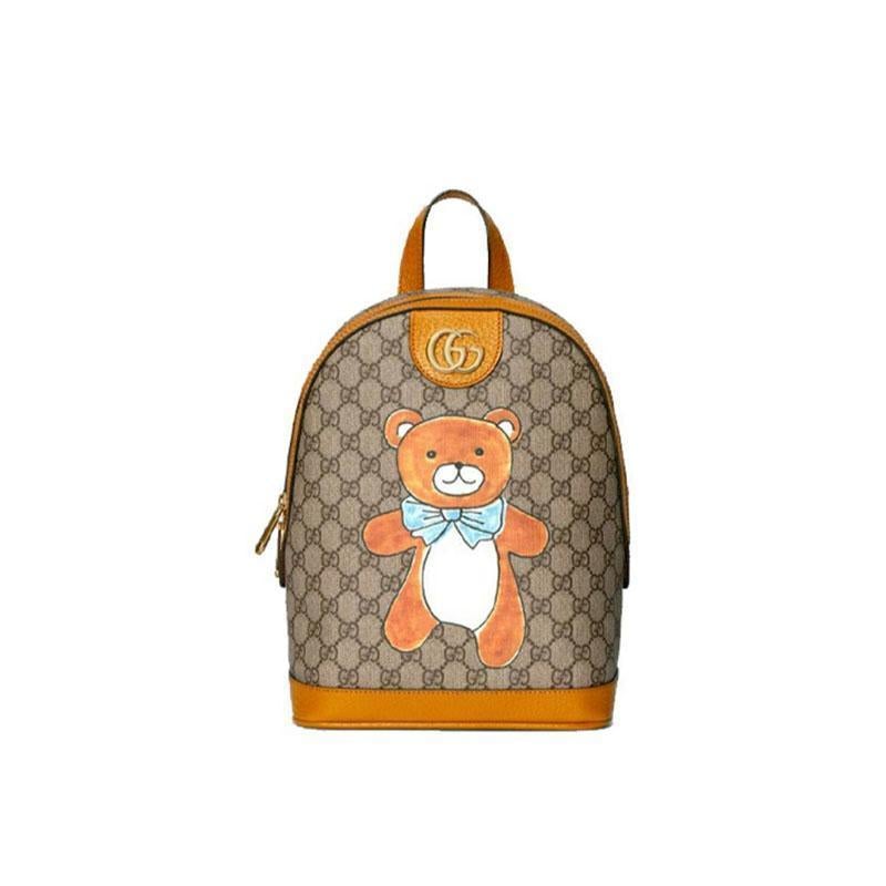 【GUCCI×KAIジョイントモデル】グッチテディベアプリントキャンバス&レザーバックパックスクールバッグ ベージュ エボニー