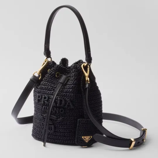 PRADA プラダ◆ラフィア×レザー ミニバケットバッグ ストラップ付 15*19*10CM 240920 - 画像 (4)