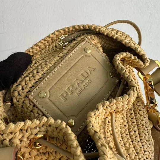 PRADA プラダ◆ラフィア×レザー ミニバケットバッグ ストラップ付 15*19*10CM 240920 - 画像 (5)