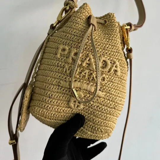 PRADA プラダ◆ラフィア×レザー ミニバケットバッグ ストラップ付 15*19*10CM 240920 - 画像 (6)