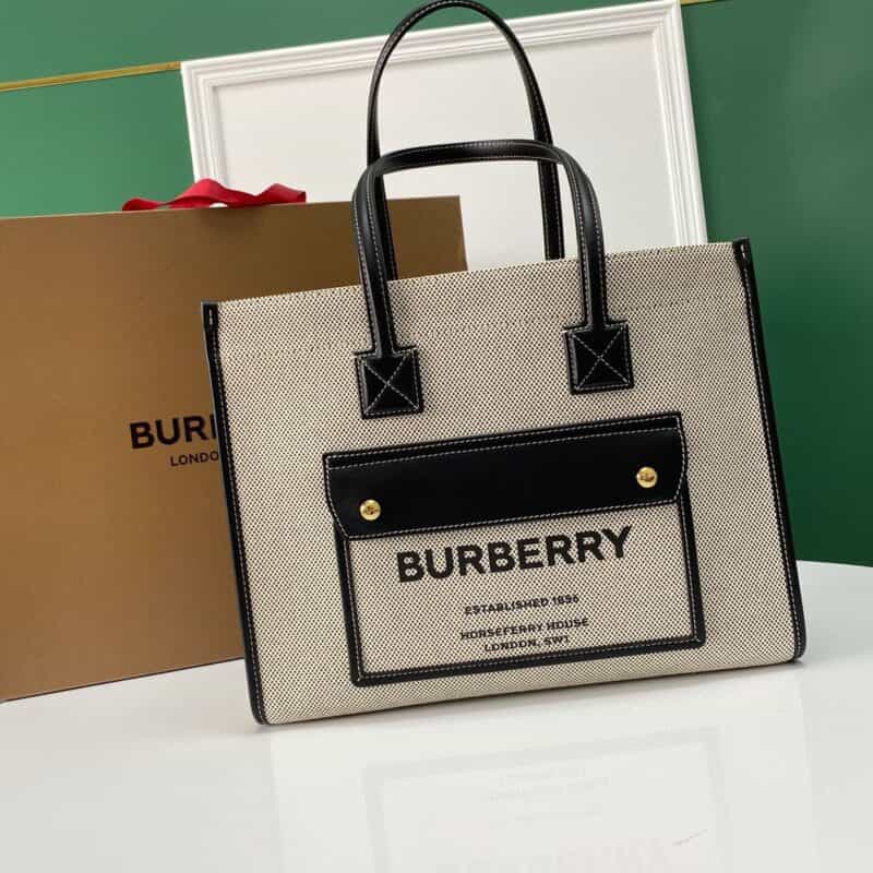 バーバリー ツートンカラー キャンバスとレザー フレイヤ イタリア製 洗練された トートバッグ 1291 - 画像 (3)