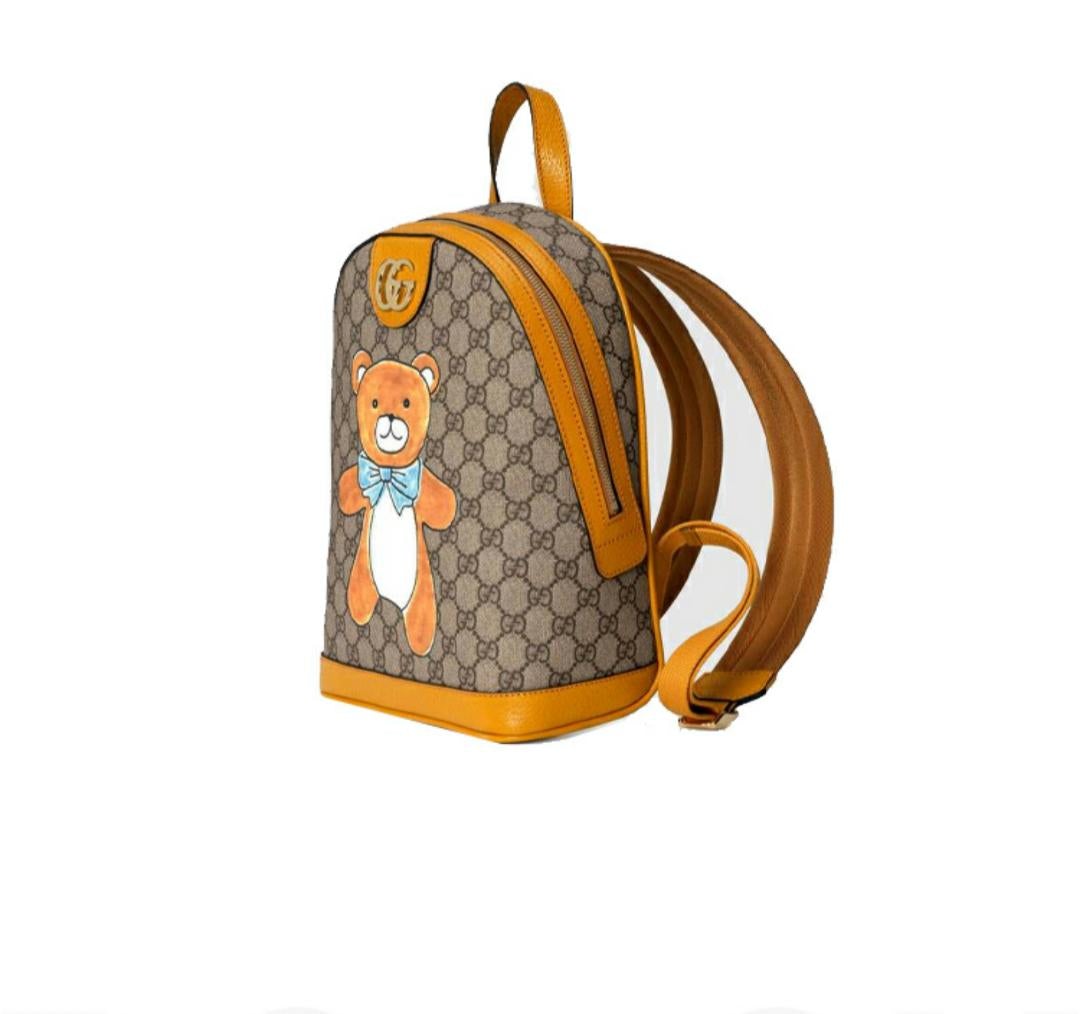 【GUCCI×KAIジョイントモデル】グッチテディベアプリントキャンバス&レザーバックパックスクールバッグ ベージュ エボニー - 画像 (2)