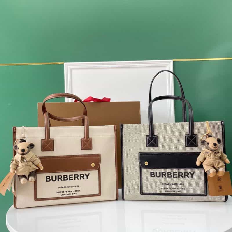 バーバリー ツートンカラー キャンバスとレザー フレイヤ イタリア製 洗練された トートバッグ 1291